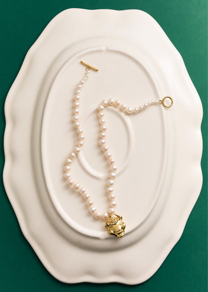 Gold Plated Pearl necklace with bull pendant