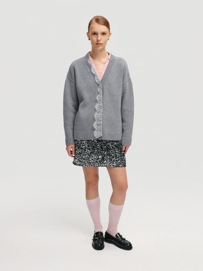 Lace-trimmed Cardigan in Grey 